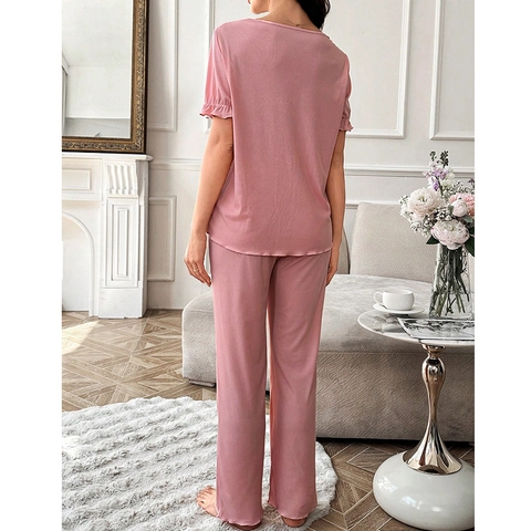 Damen Umstandsmode Still Schlafanzug Set Rosa V Ausschnitt Spitze Schleife Kurzarm Top Lange Hose Weiche Loungewear