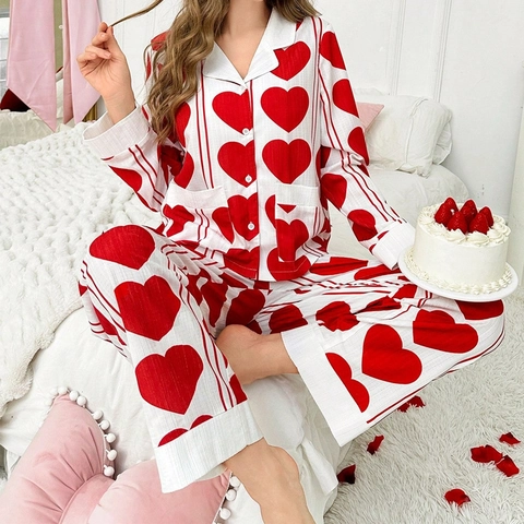 Set Pigiama da Donna con Stampa a Cuore Dolce Maglia a Maniche Lunghe e Pantaloni Lunghi Abbigliamento da Casa Casual