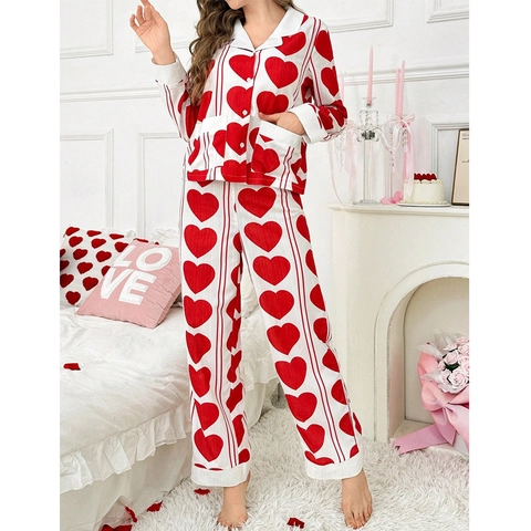 Set Pigiama da Donna con Stampa a Cuore Dolce Maglia a Maniche Lunghe e Pantaloni Lunghi Abbigliamento da Casa Casual