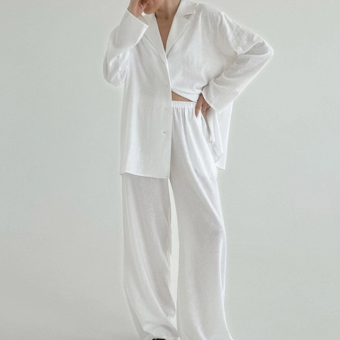 Abbigliamento Casa Casual Cotone Lino Donna Top Cardigan Revers Manica Lunga E Pantaloni Gamba Larga Vita Alta Pigiama