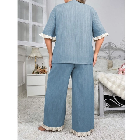 Plus Size Women V Neck Pajama Top And Pants With Ruffle Trim Short Sleeve Casual Crepe Loungewear Sleepwear Outfit