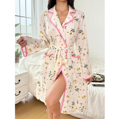 Women's Floral Long Sleeve Robe Scalloped Trim Belted Nightgown Sweet Floral Printed Home Wear Lapel Casual Sleepwear Dress