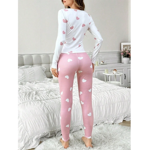 Ensemble de Pyjama Femme Imprimé Cœur Col en V Bordure Dentelle Manches Longues Doublé Polaire Vêtements de Nuit Haut et Pantalon