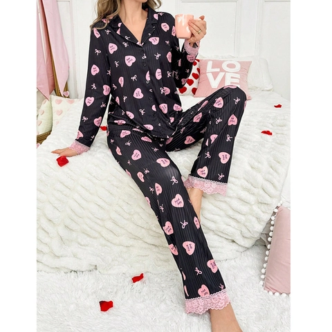 Ensemble de Pyjama Femme Imprimé Cœur et Nœud Bordure en Dentelle Rose Haut à Manches Longues et Pantalon Vêtements de Nuit