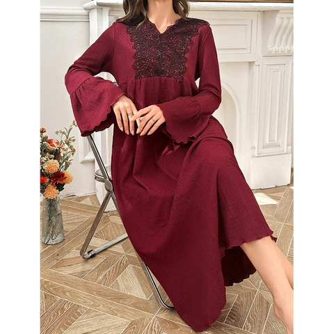 Camisón Vintage Burdeos para Mujer Encaje Cuello en V Manga Acampanada Largo al Tobillo Vestido de Casa Cómodo Ropa de Dormir
