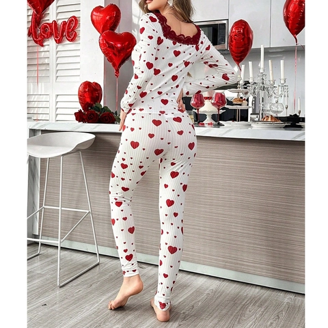 Dames Zoete Hart Print Pyjamaset Kant V-Hals Lange Mouwen Top En Broek Katoenmix Ribgebreide Huiskleding Nachtkleding