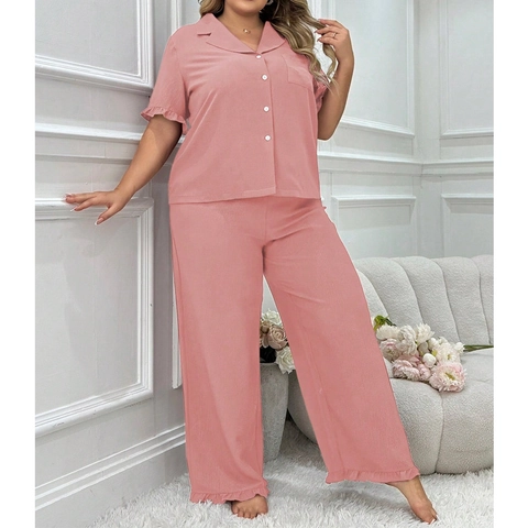 Women's Plus Size Pajama Set Short Sleeve Button Down Lapel Top And Long Pants Ruffle Hem Cotton Blend Loungewear Home Wear