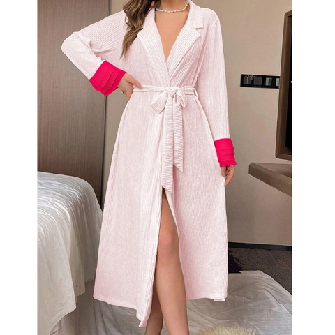 Bata Larga Plisada Elegante para Mujer Manga Larga Solapa con Cinturón Aspecto de Satén Ropa de Casa Camisón Pijama Casual Vestido
