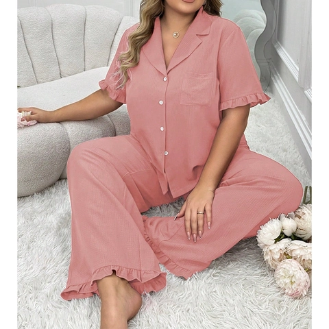 Women's Plus Size Pajama Set Short Sleeve Button Down Lapel Top And Long Pants Ruffle Hem Cotton Blend Loungewear Home Wear