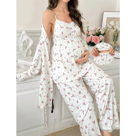 Set Pigiama Premaman Dolce a Fiori Donna Home Wear Pizzo Camicia Da Notte E Cardigan A Maniche Lunghe Pantaloni Comodi