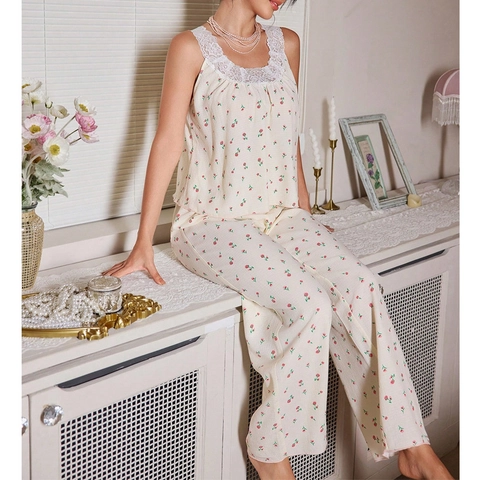 Ensemble de Pyjama Doux à Imprimé Floral pour Femmes avec Dentelle Caraco Sans Manches et Pantalon Long Loungewear Deux Pièces