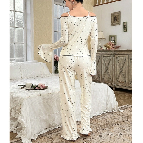 Dames Sexy Pyjama Set met Stippen Kant Blote Schouders Lange Mouwen Top en Broek met Roffelzoom Lieve Huiskleding Set