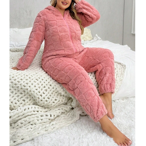 Damen Übergröße Rosa Plüsch Onesie Schlafanzug Herzmuster Kapuze Verdickt Warm Flanell Jumpsuit Homewear Für Winter