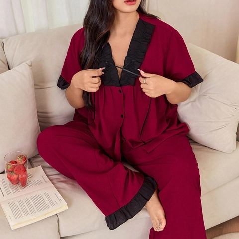 Dames Grote Maat Pyjama Set Wijnrood V-hals Korte Mouw Top En Lange Broek Ruffles Homewear Set