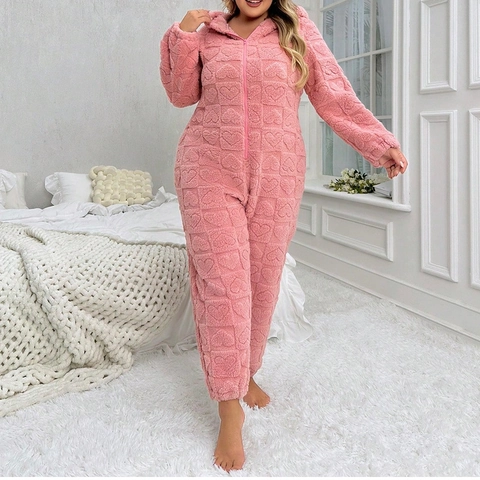 Damen Übergröße Rosa Plüsch Onesie Schlafanzug Herzmuster Kapuze Verdickt Warm Flanell Jumpsuit Homewear Für Winter