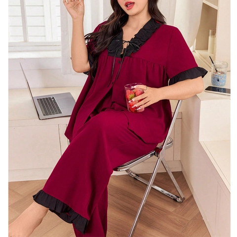 Dames Grote Maat Pyjama Set Wijnrood V-hals Korte Mouw Top En Lange Broek Ruffles Homewear Set