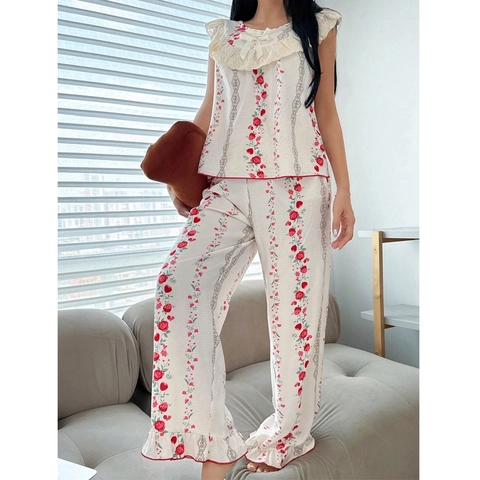 Ensemble De Pyjama Doux À Fleurs Pour Femmes Haut Sans Manches À Volants En Dentelle Et Pantalon Long Imprimé Rose