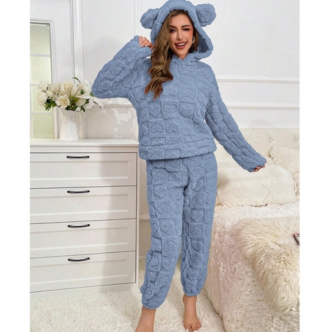 Women Heart Embossed Hooded Pajama Set Coral Fleece Thickened Warm Loungewear Top And Pants With Cute Animal Ears For Winter