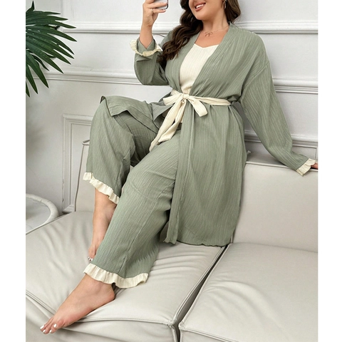 Dames Grote Maat Loungewear Set Casual Polyester Pyjama Lange Mouw Robe Tank Top En Broek Met Ruffles Saliegroen