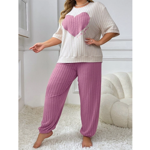 Conjunto de Loungewear de Talla Grande para Mujer Patrón Corazón Acanalado Top Manga Corta Y Pantalones Largos Pijama Casual