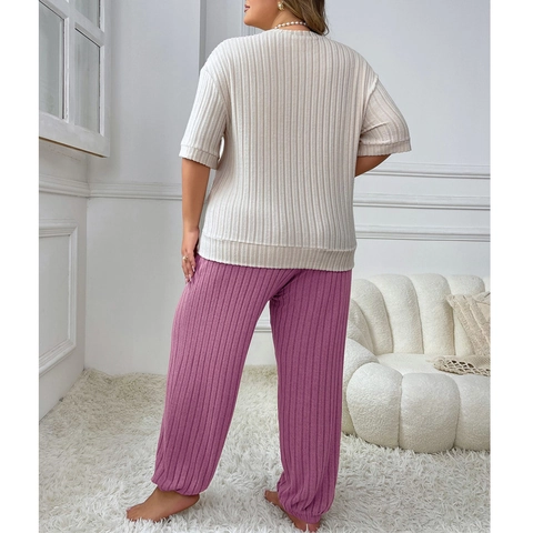 Conjunto de Loungewear de Talla Grande para Mujer Patrón Corazón Acanalado Top Manga Corta Y Pantalones Largos Pijama Casual