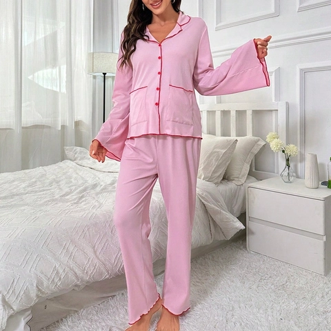 Pigiama da Donna Rosa a Costine Set Due Pezzi Camicia a Maniche Lunghe con Bottoni e Pantaloni Abbigliamento da Notte Premaman con Bordo Rosso