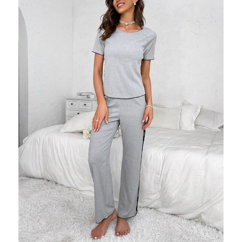 Conjunto de Ropa de Descanso para Mujer Dulce Sexy con Malla de Corazón Punto Acanalado Top de Manga Corta y Pantalón Largo Pijama Gris