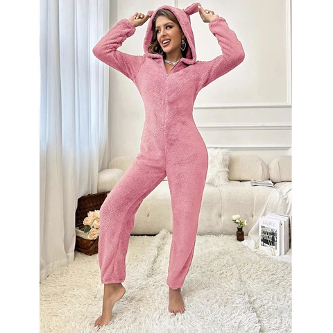 Women Plush Onesie Pajamas Warm Flannel Hooded Sleepwear Rabbit Ears Zipper Loungewear Winter Thick Jumpsuit Fleece Nightwear