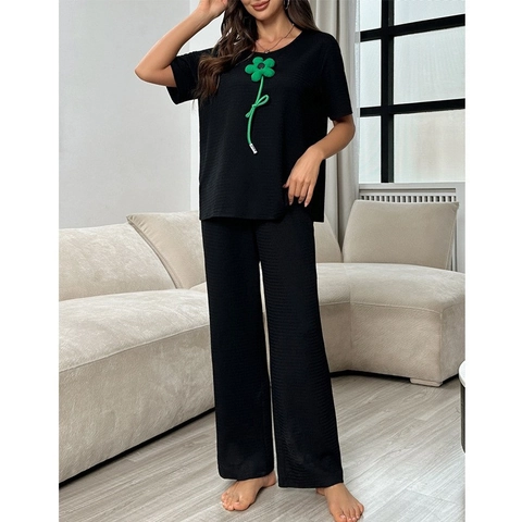 Pijama Mujer Top Manga Corta Y Pantalones Anchos Con Decoración Floral 3D Negro Ropa De Estar Textura Gofre Ropa De Casa