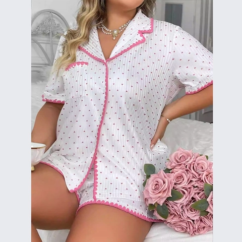 Ensemble de Pyjama Femme Grande Taille Imprimé Cœur Bordure Festonnée Chemise Manches Courtes et Short Deux Pièces