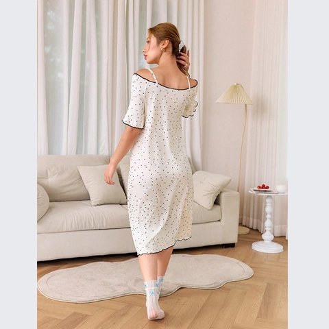 Damen Süßes Punktmuster Nachthemd Spitzenbesatz Schulterfrei V-Ausschnitt Schleife Rüschensaum Sommer Nachtwäsche Loungewear Locker