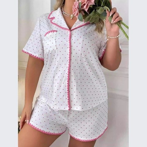 Ensemble de Pyjama Femme Grande Taille Imprimé Cœur Bordure Festonnée Chemise Manches Courtes et Short Deux Pièces