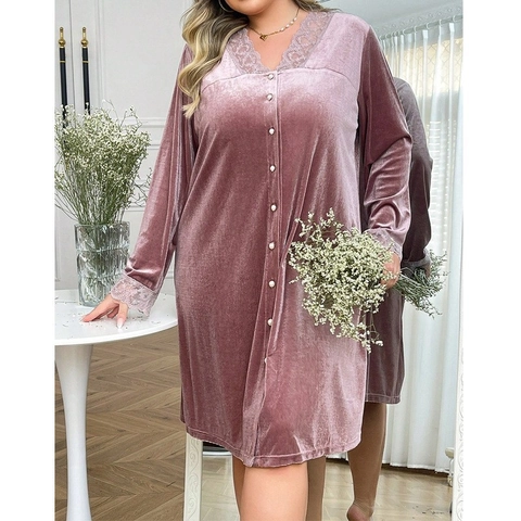 Nuisette Femme Grande Taille en Velours Bordure Dentelle Col en V Manches Longues Robe de Nuit Boutonnée Devant Salon