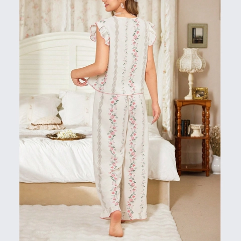 Vintage Blumen Damen Schlafanzug Oberteil Und Hose Spitze V-Ausschnitt Flatterärmel Hausanzug Herzen Geometrische Streifen Bequeme Nachtwäsche
