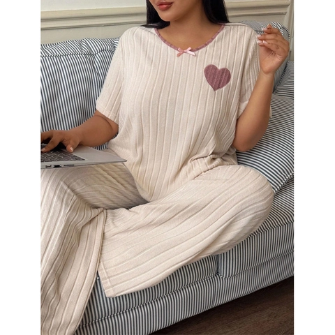 Damen Übergröße Rippstrick Loungewear Herz Applikation Rundhals Kurzarm Top Und Lange Hose Bequemer Baumwollmischung Schlafanzug