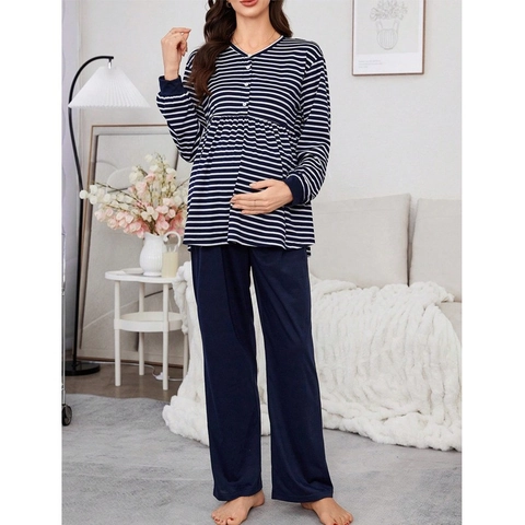 Casual Maternity Pajama Striped Long Sleeve Top And Pants Adjustable Waist Homewear Loungewear Cotton Blend For Women
