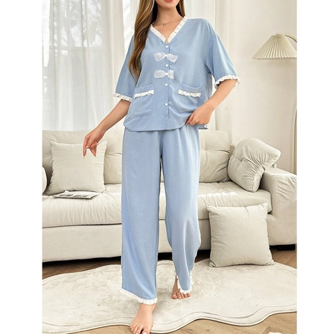 Damen Süß V-Ausschnitt Waffelstrick Pyjama-Set Kurzarm-Oberteil Lange Hose Mit Schleife Rüschenbesatz Hellblau Loungewear
