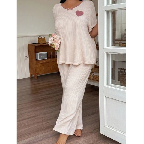 Damen Übergröße Rippstrick Loungewear Herz Applikation Rundhals Kurzarm Top Und Lange Hose Bequemer Baumwollmischung Schlafanzug