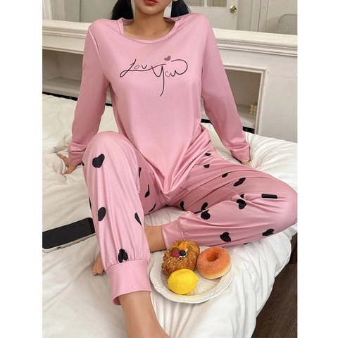 Set Pigiama Rosa da Donna Maglia a Maniche Lunghe E Pantaloni Lunghi Con Stampa a Cuore Lettera Loungewear Dolce Casual Casa