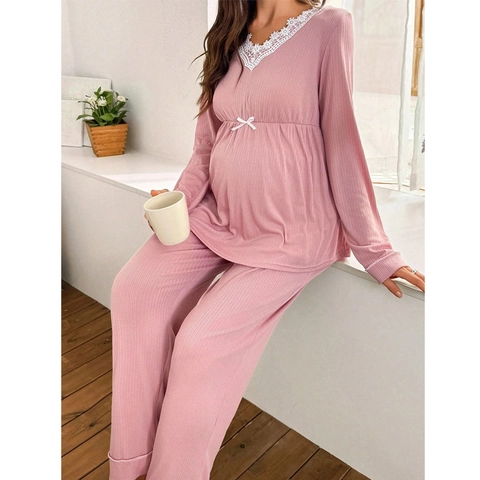 Damen Umstandsschlafanzug-Set Langarm V-Ausschnitt Spitzenbesatz Rippenstrick Oberteil Und Verstellbare Hose Loungewear