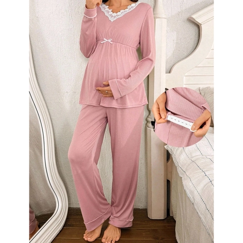 Damen Umstandsschlafanzug-Set Langarm V-Ausschnitt Spitzenbesatz Rippenstrick Oberteil Und Verstellbare Hose Loungewear