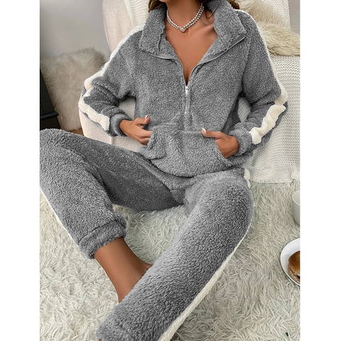 Women Thickened Warm Plush Pajama Set Color Block Half Zipper Long Sleeve Top And Pants Winter Loungewear Home Wear