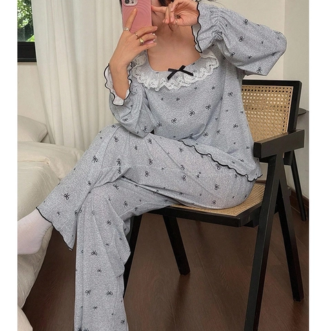Sweet Lace Square Neck Pajama Set For Women Black Bow Print Long Sleeve Top And Pants Casual Soft Cotton Blend Homewear