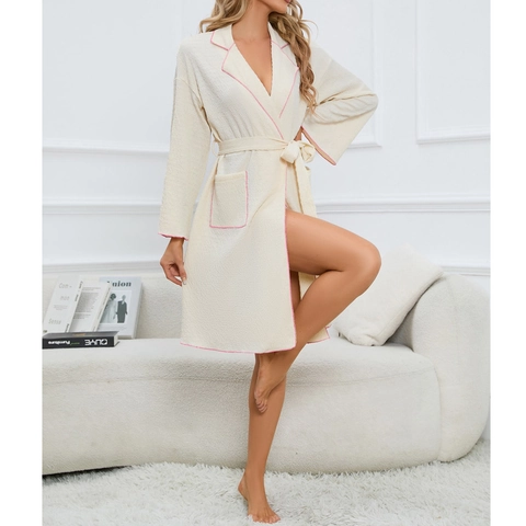 Peignoir en Tissu Gaufré de Style Occidental Pour Femme Avec Liseré Rose Manches Longues Doux Pyjama Robe De Nuit Femme