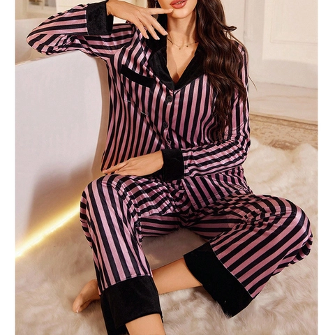Conjunto de Pijama de Satén a Rayas para Mujer Rosa Negro Rayas Verticales Camisa de Manga Larga con Botones Y Pantalones Largos Ropa de Dormir Lounge