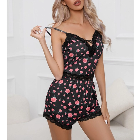 Pyjama Sexy pour Femme Imprimé Floral Rose Bordure en Dentelle Caraco à Col en V et Short en Maille Nervurée Haut et Pantalon