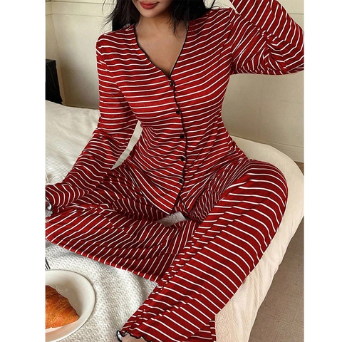Pigiama da Donna a Righe con Scollo a V Top Cardigan a Maniche Lunghe e Pantaloni Lunghi Abbigliamento da Casa Casual