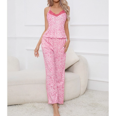 Damen Sexy Rosa Leopardenmuster Schlafanzug Spitze V-Ausschnitt Ärmellos Cami Top Und Lange Hose Satin Loungewear Home