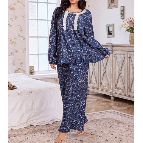 Damen Übergröße Floral Loungewear Mit Spitzenbesatz Rüschensaum Locker Bequeme Nachtwäsche Oberteil Und Hose Schlafanzug