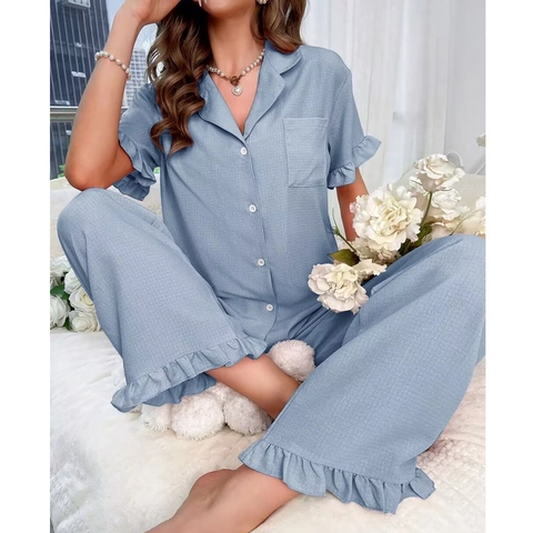 Women's Sweet Polyester Pajama Set Lapel Short Sleeve Top And Bottom Ruffle Hem Loose Loungewear Sleepwear Homewear
